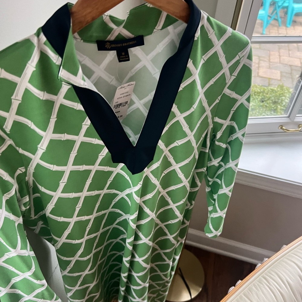 Brooks Brothers Green and White Lattice V-Neck Dress with Navy Trim